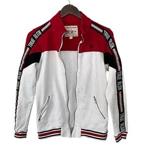 True Religion Track Jacket Women’s S Logo Spell Out Zip Pockets 100% Cotton FLAW